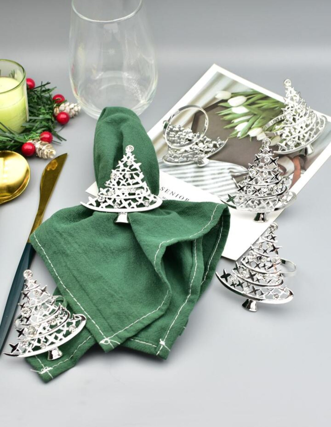 NAPKIN RINGS SILVER CHRISTMAS TREE (6pcs)