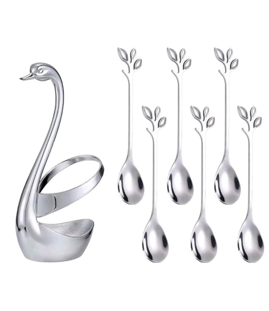 SILVER SET 6 DECORATIVE TEA SPOONS & SWAN STAND