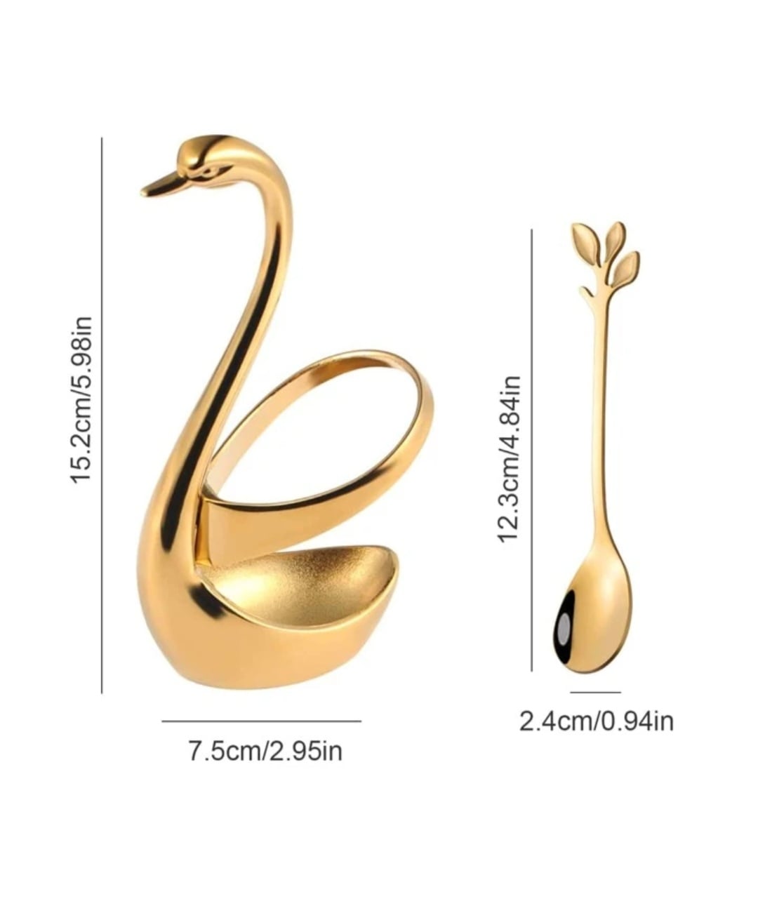 GOLD SET 6 DECORATIVE TEA SPOONS & SWAN STAND