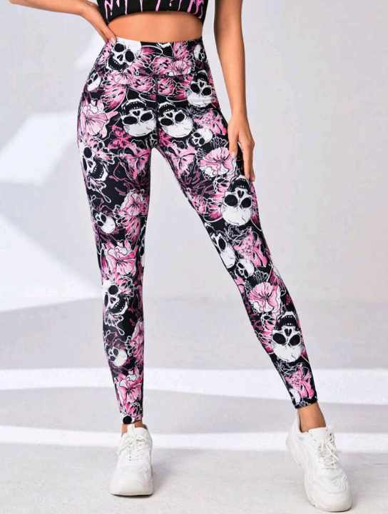 YOGA SPORT STRETCH LEGGINGS (Pink Skull)